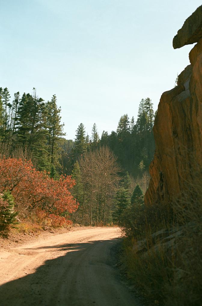 A blind curve on Phantom Canyon Road, leading around a rock